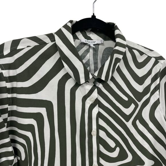 Chico's Long Sleeve Green White Abstract Geo Print Button Down Womens 14 - Picture 5 of 8